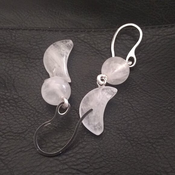 Bold & Modern Style! Genuine Crystal Quartz Moon Statement Dangle Earrings - Picture 2 of 8